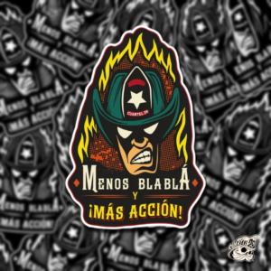 STICKER CON BARNIZ SECTORIZADO "MENOS BLA BLA+ACCIÓN" - Imagen 1
